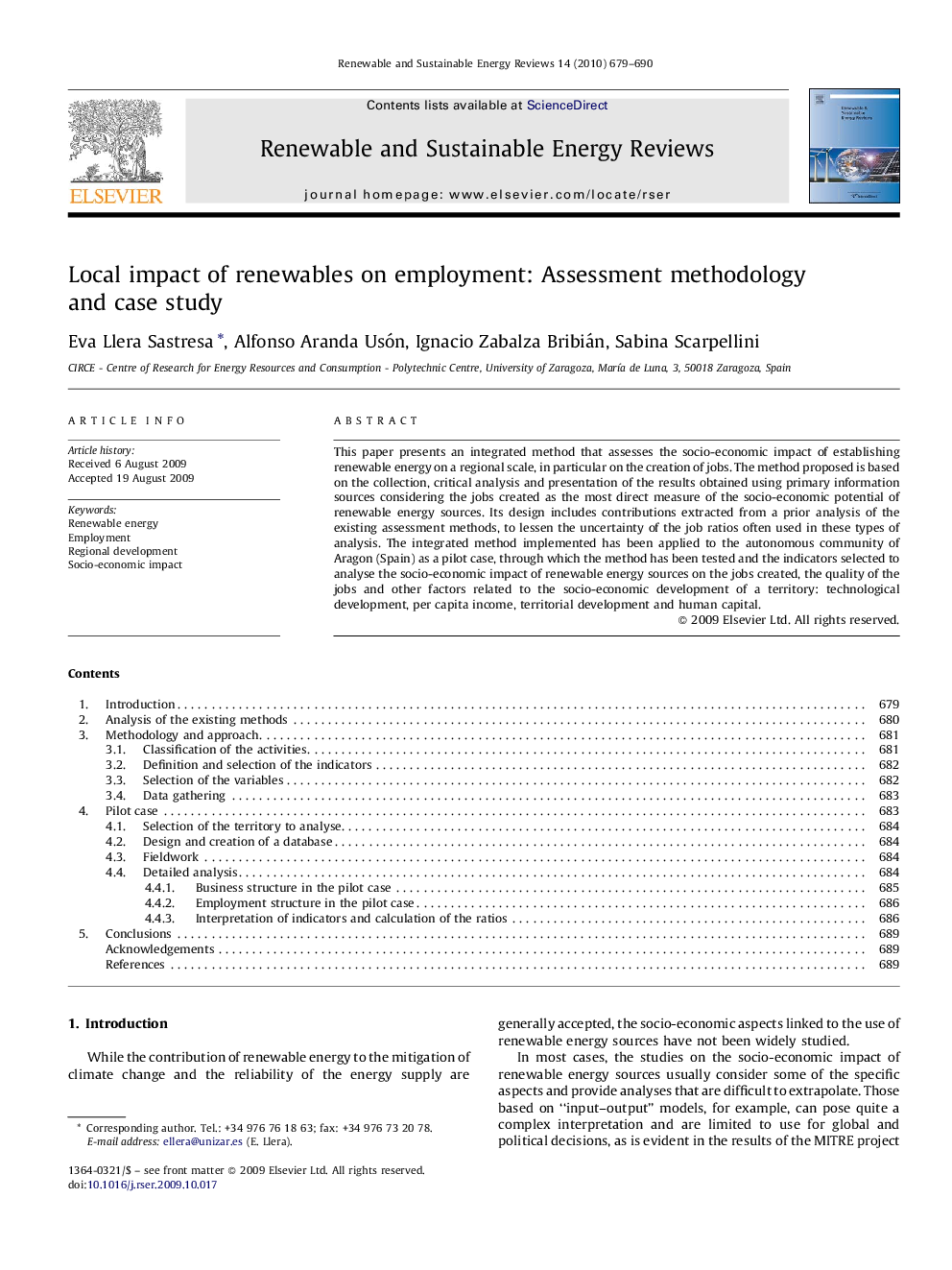 Local impact of renewables on employment: Assessment methodology and case study