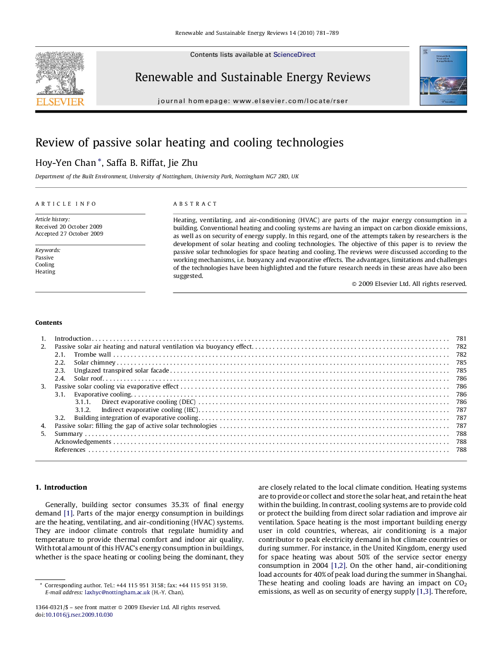 Review of passive solar heating and cooling technologies