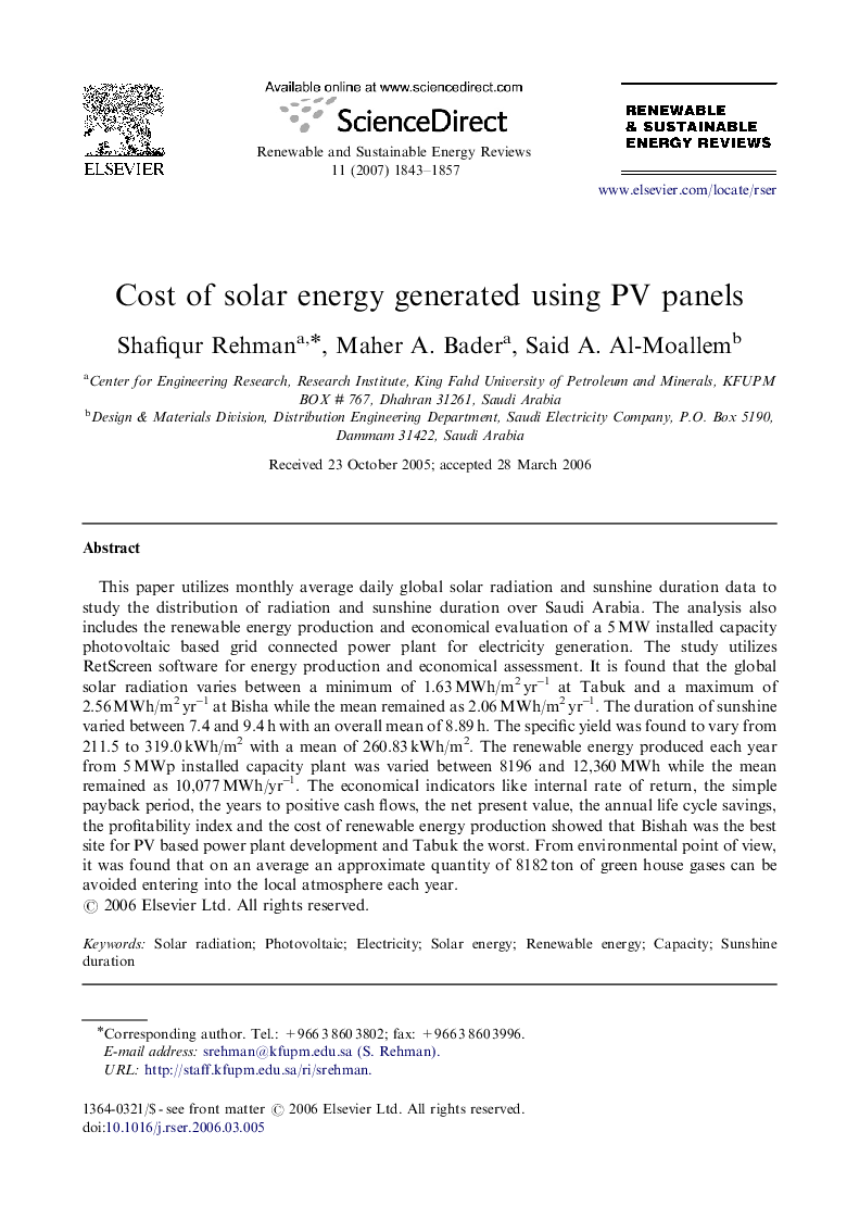 Cost of solar energy generated using PV panels