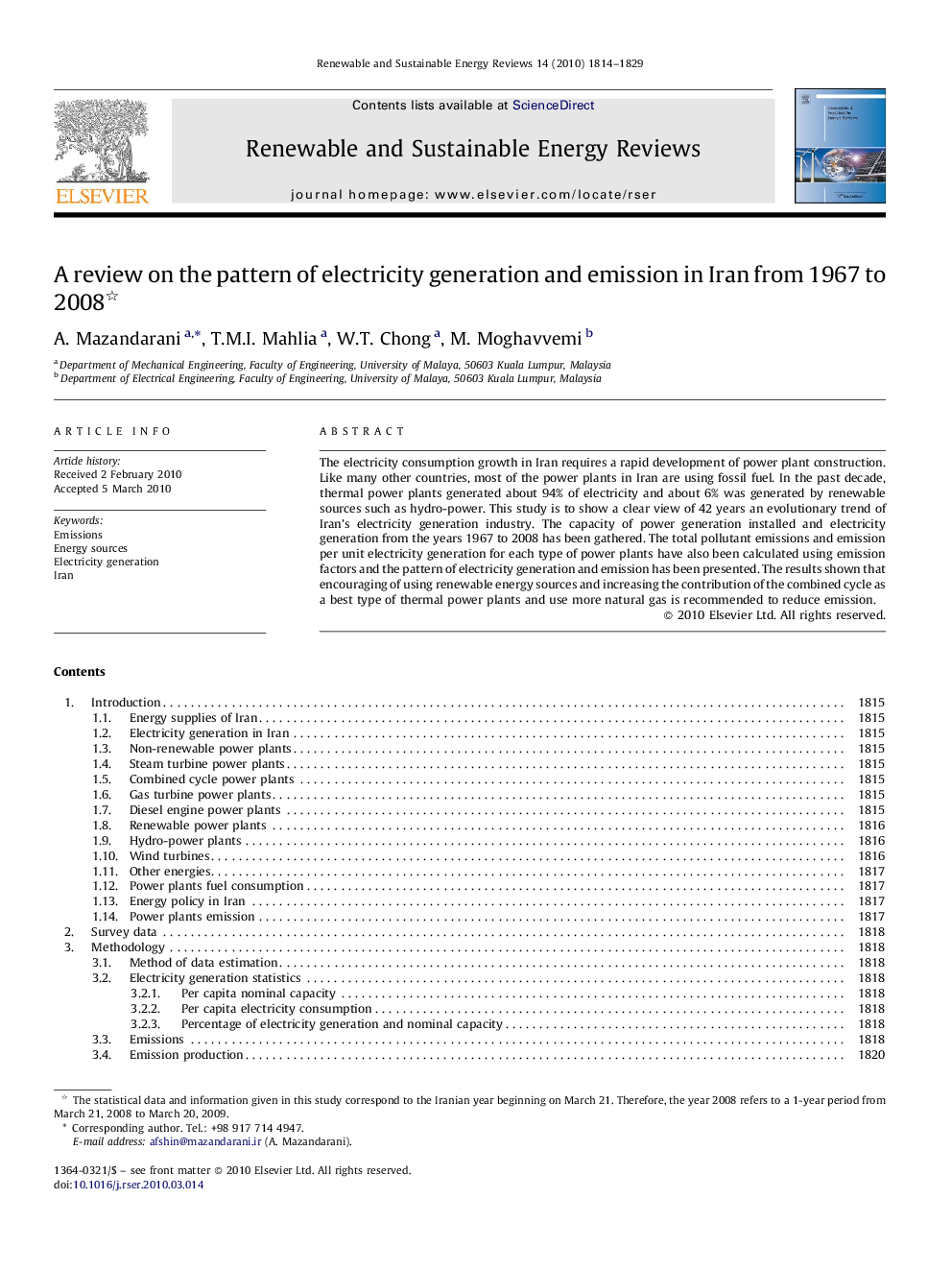 A review on the pattern of electricity generation and emission in Iran from 1967 to 2008 