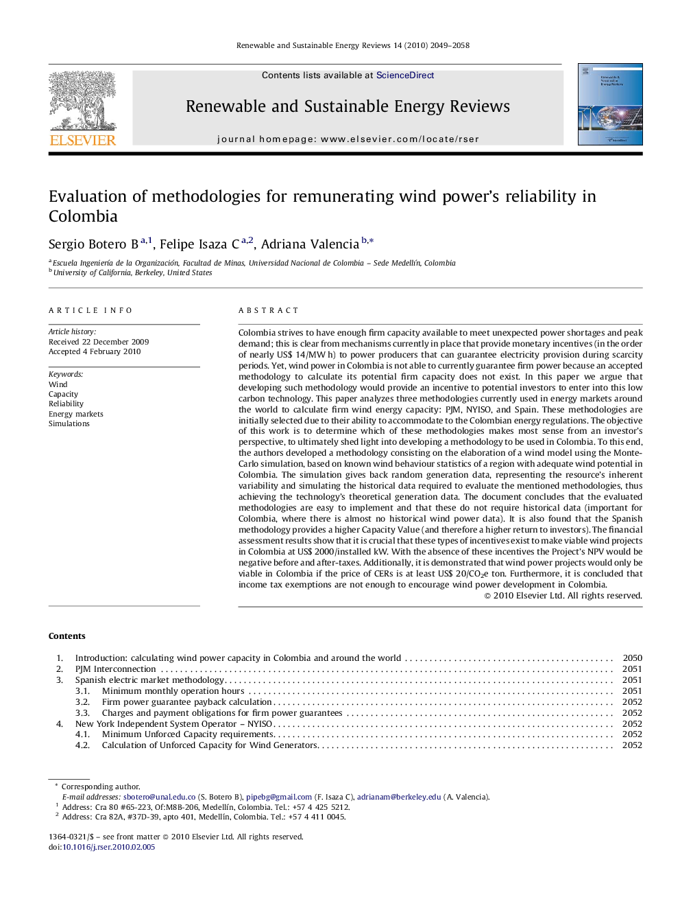 Evaluation of methodologies for remunerating wind power's reliability in Colombia