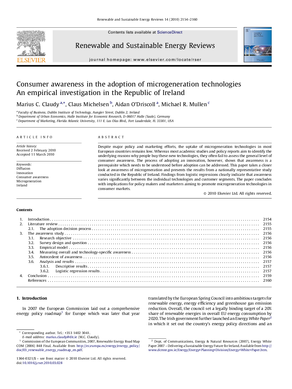 Consumer awareness in the adoption of microgeneration technologies: An empirical investigation in the Republic of Ireland