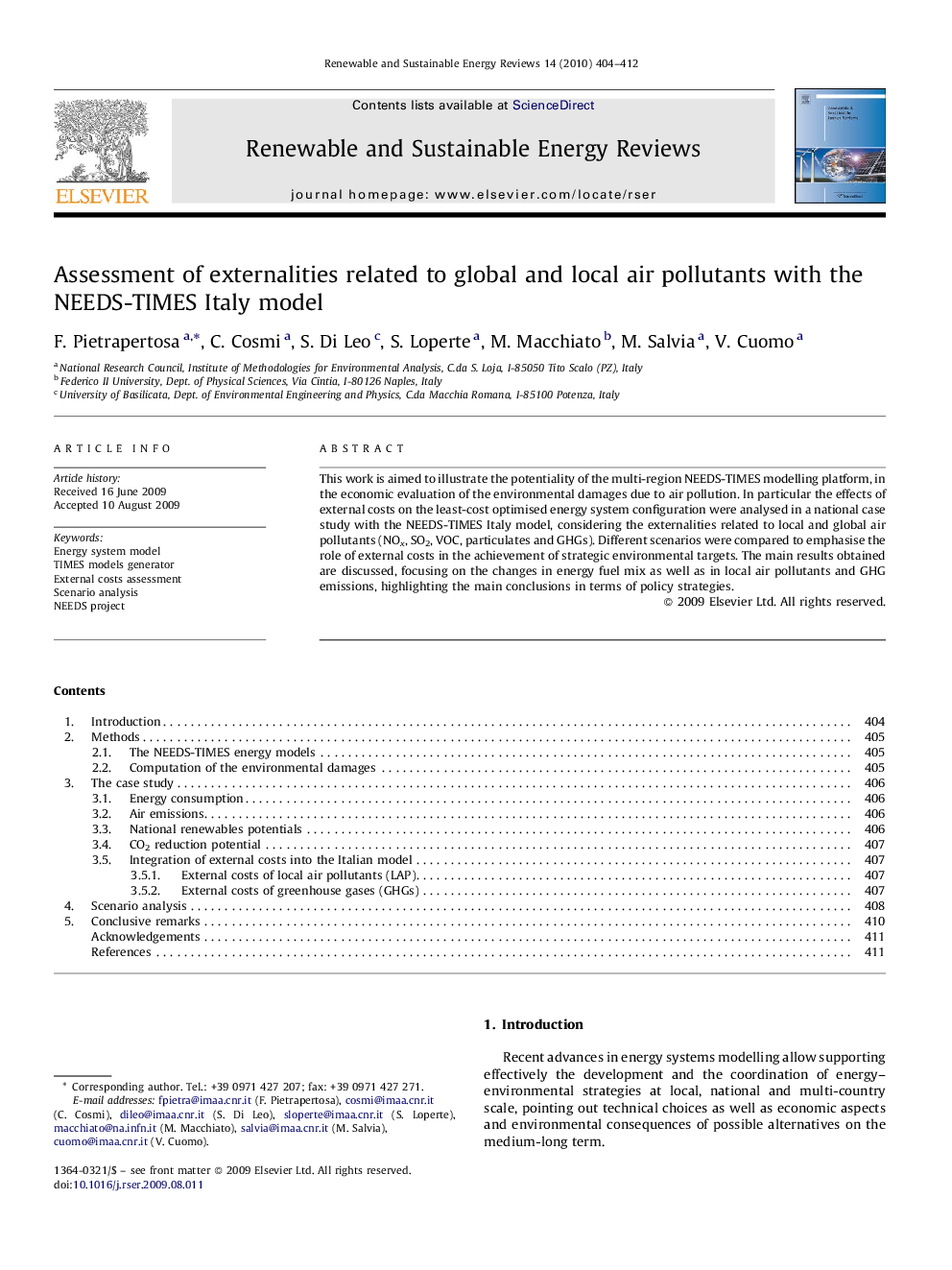 Assessment of externalities related to global and local air pollutants with the NEEDS-TIMES Italy model