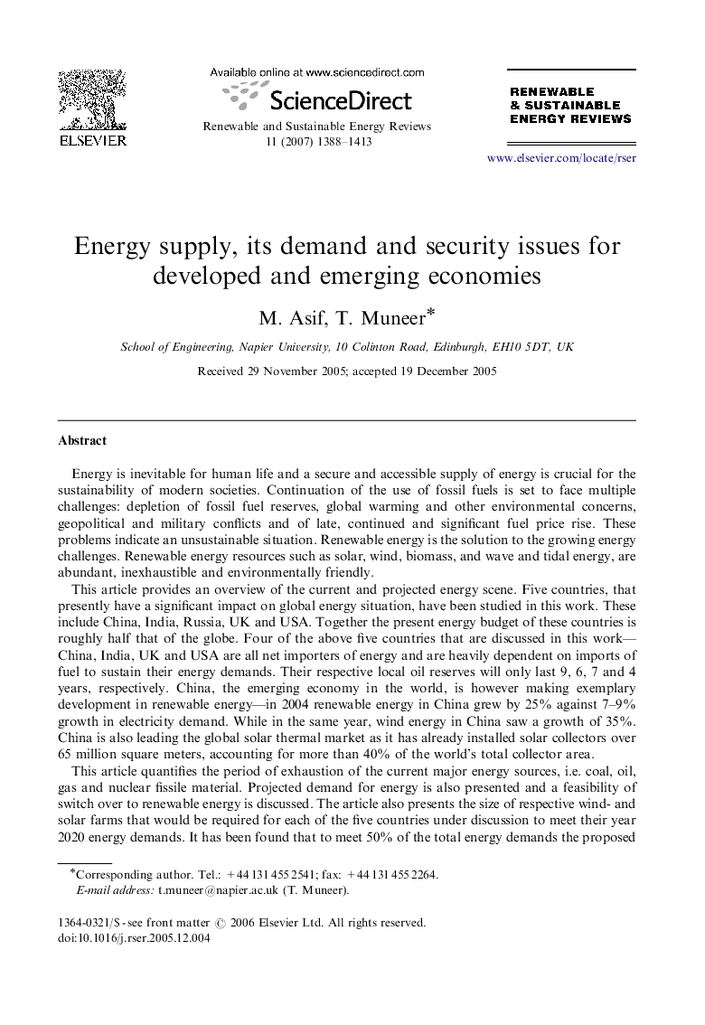 Energy supply, its demand and security issues for developed and emerging economies