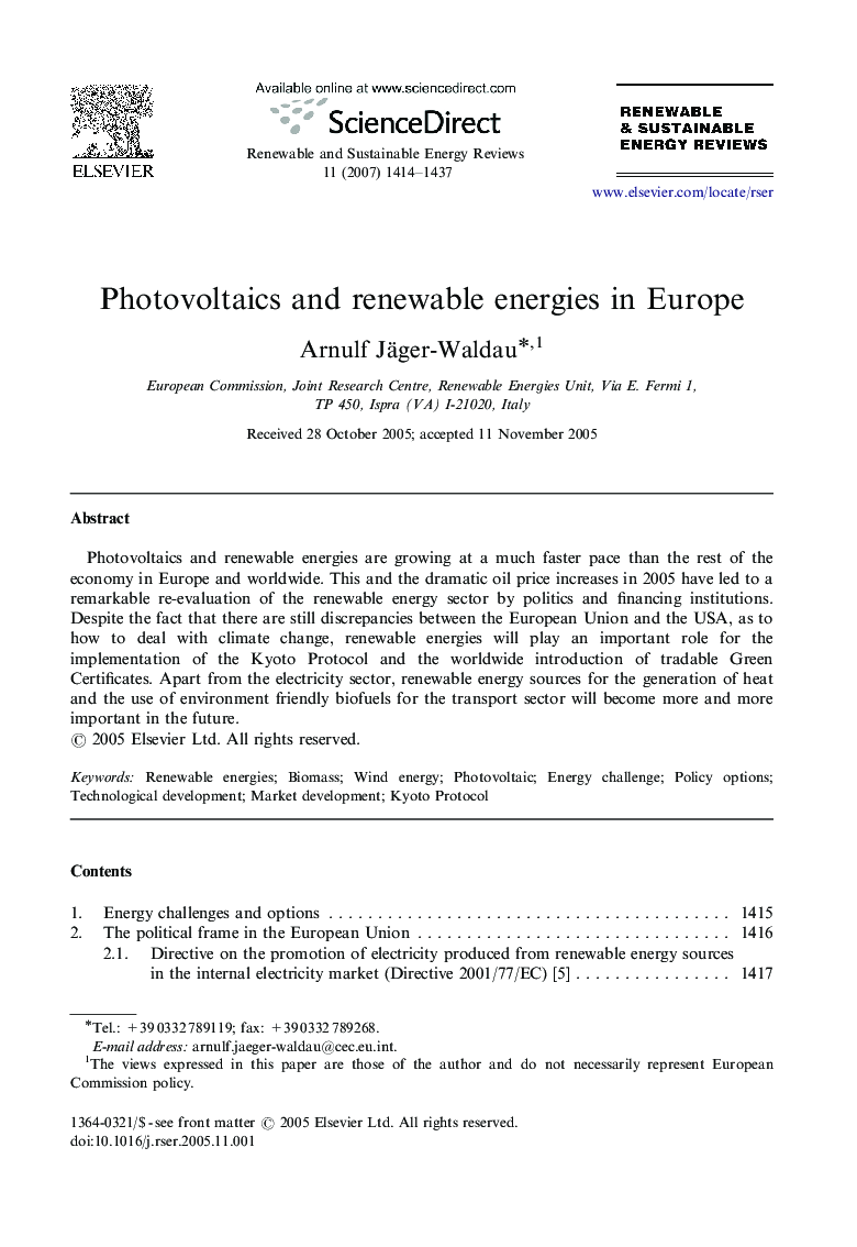Photovoltaics and renewable energies in Europe