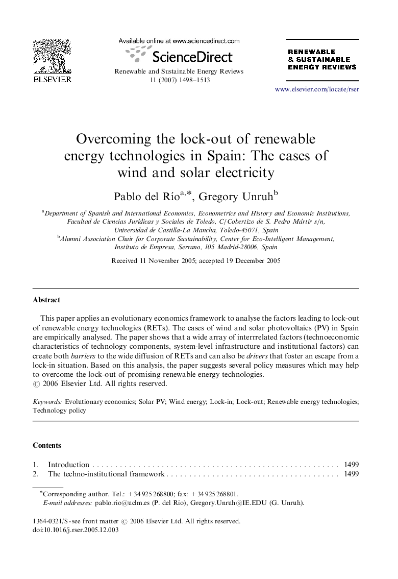 Overcoming the lock-out of renewable energy technologies in Spain: The cases of wind and solar electricity