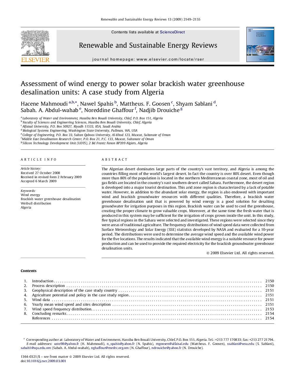 Assessment of wind energy to power solar brackish water greenhouse desalination units: A case study from Algeria