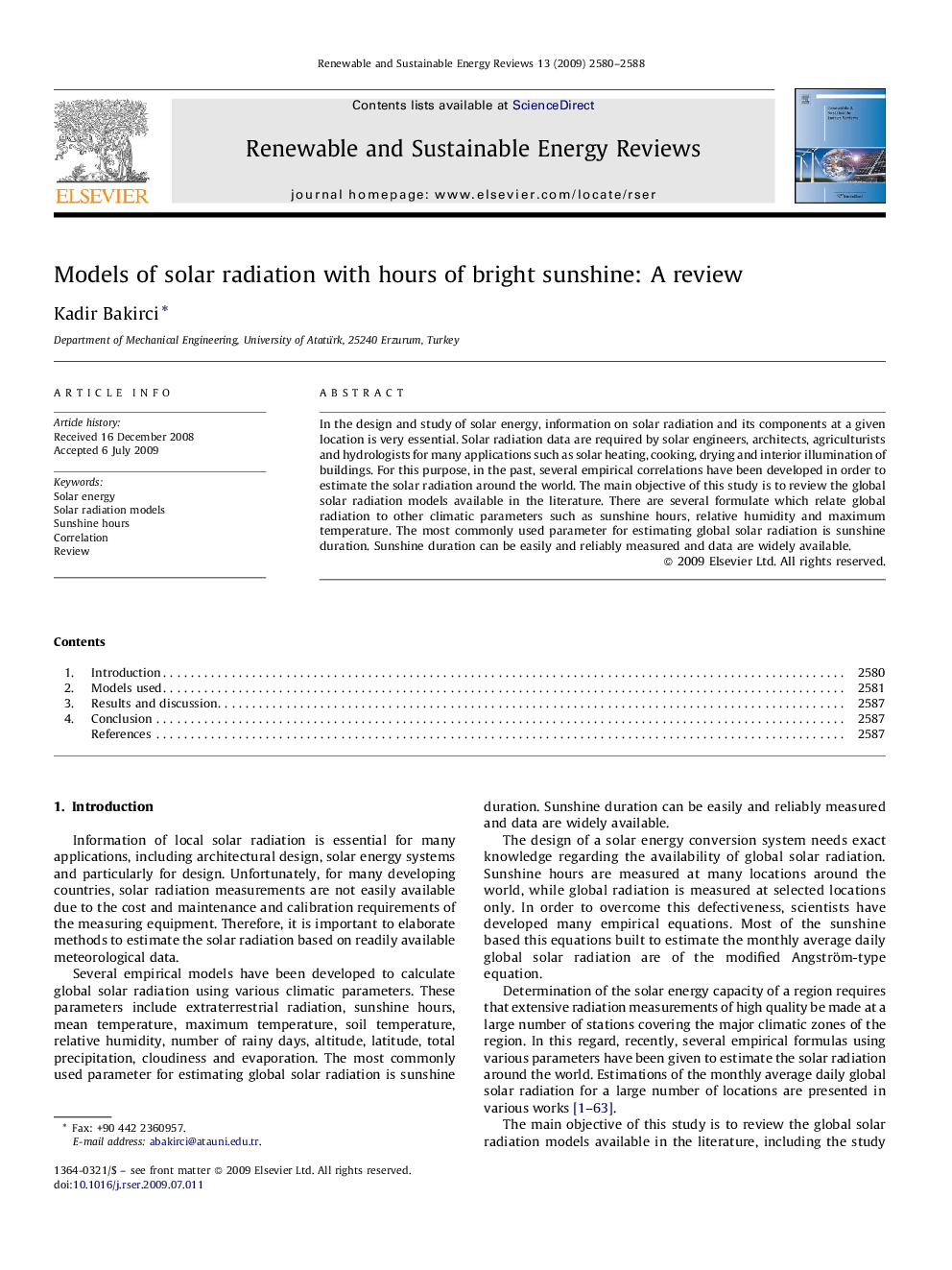 Models of solar radiation with hours of bright sunshine: A review