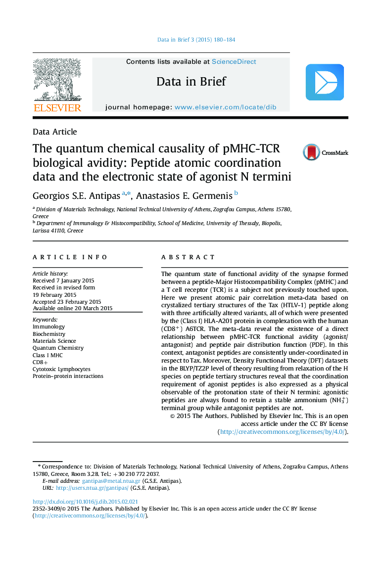 The quantum chemical causality of pMHC-TCR biological avidity: Peptide atomic coordination data and the electronic state of agonist N termini