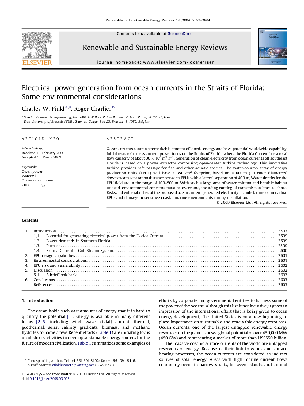 Electrical power generation from ocean currents in the Straits of Florida: Some environmental considerations