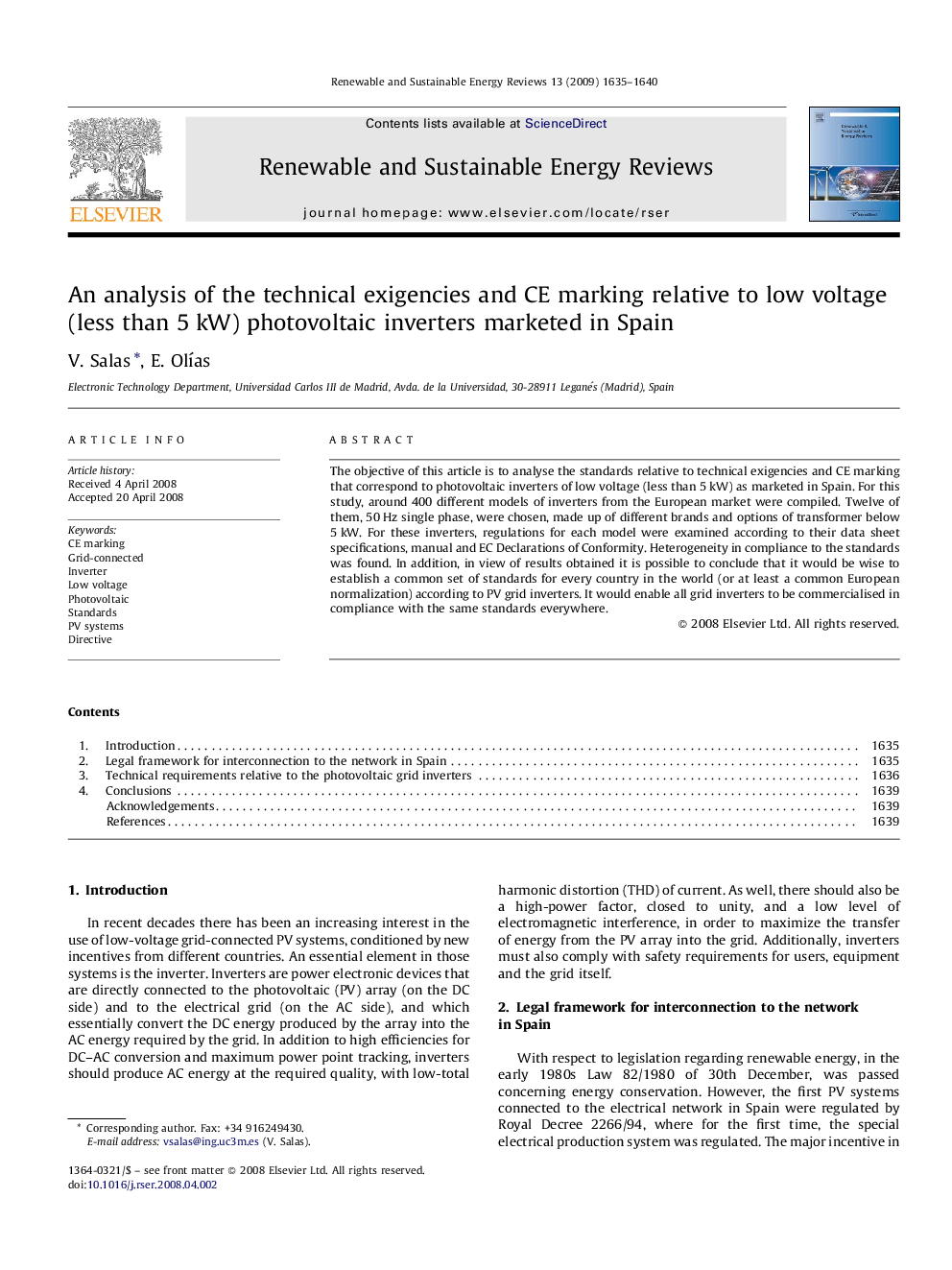 An analysis of the technical exigencies and CE marking relative to low voltage (less than 5 kW) photovoltaic inverters marketed in Spain