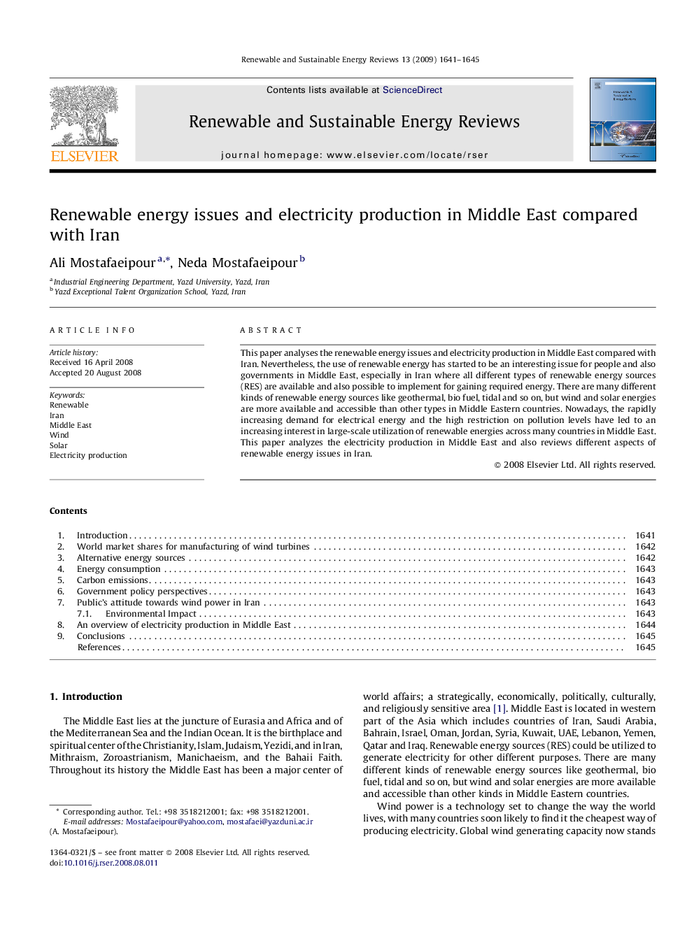 Renewable energy issues and electricity production in Middle East compared with Iran