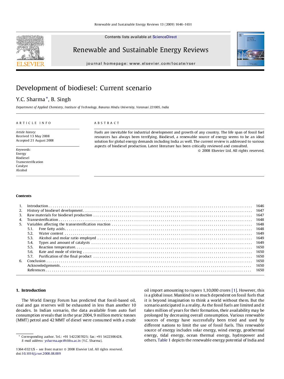 Development of biodiesel: Current scenario