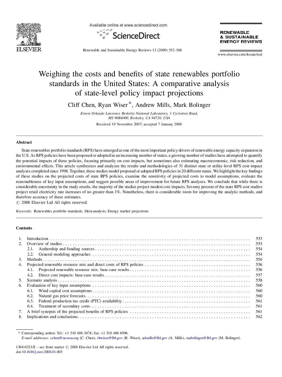 Weighing the costs and benefits of state renewables portfolio standards in the United States: A comparative analysis of state-level policy impact projections