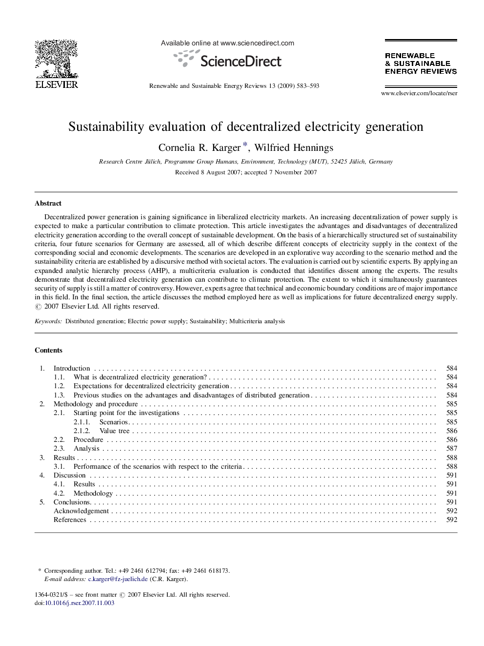 Sustainability evaluation of decentralized electricity generation