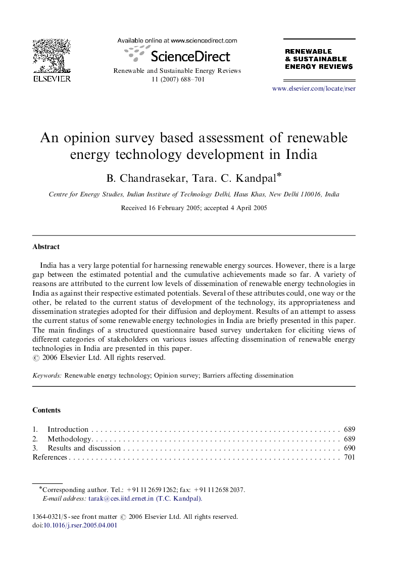 An opinion survey based assessment of renewable energy technology development in India