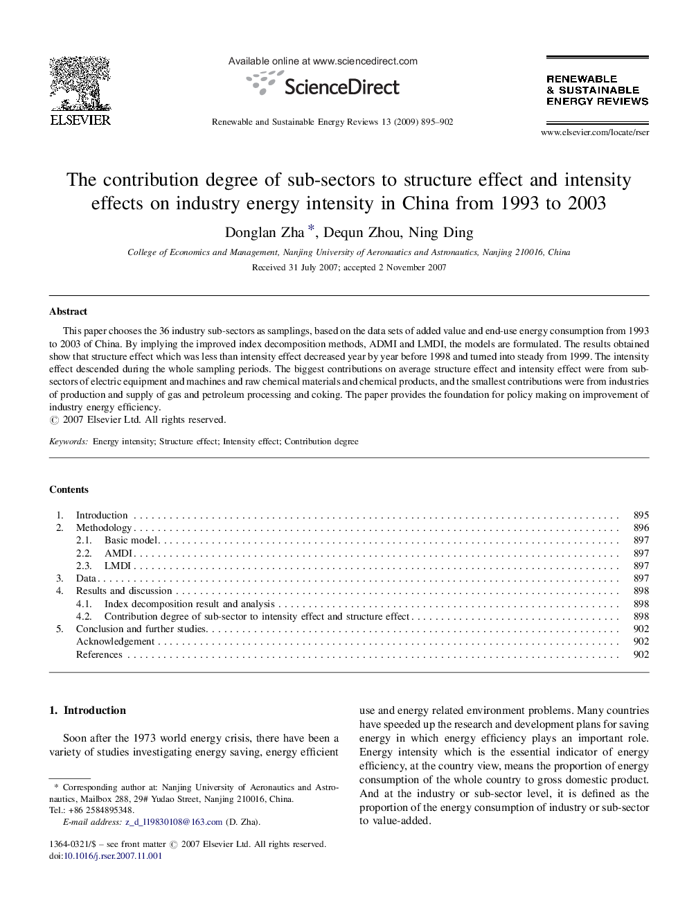 The contribution degree of sub-sectors to structure effect and intensity effects on industry energy intensity in China from 1993 to 2003