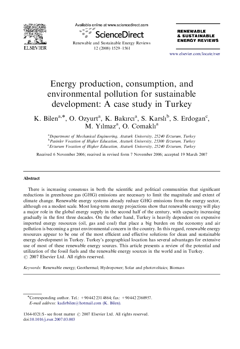 Energy production, consumption, and environmental pollution for sustainable development: A case study in Turkey