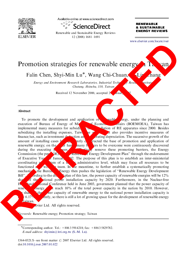 RETRACTED: Promotion strategies for renewable energy in Taiwan