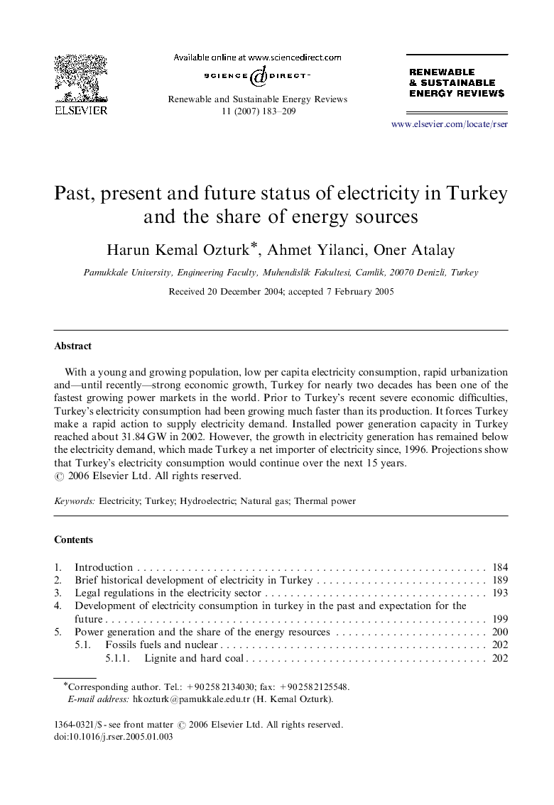 Past, present and future status of electricity in Turkey and the share of energy sources