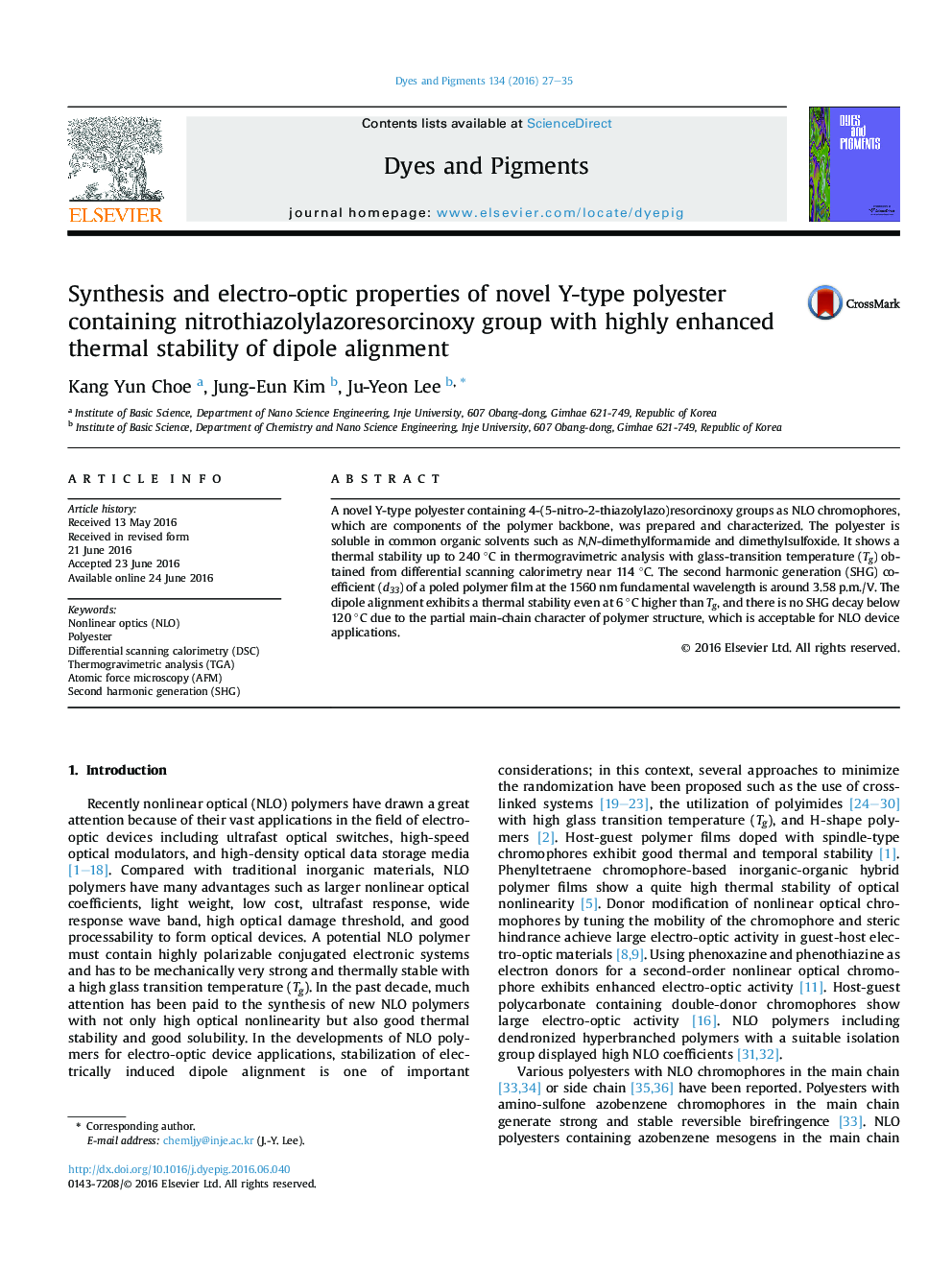 Synthesis and electro-optic properties of novel Y-type polyester containing nitrothiazolylazoresorcinoxy group with highly enhanced thermal stability of dipole alignment