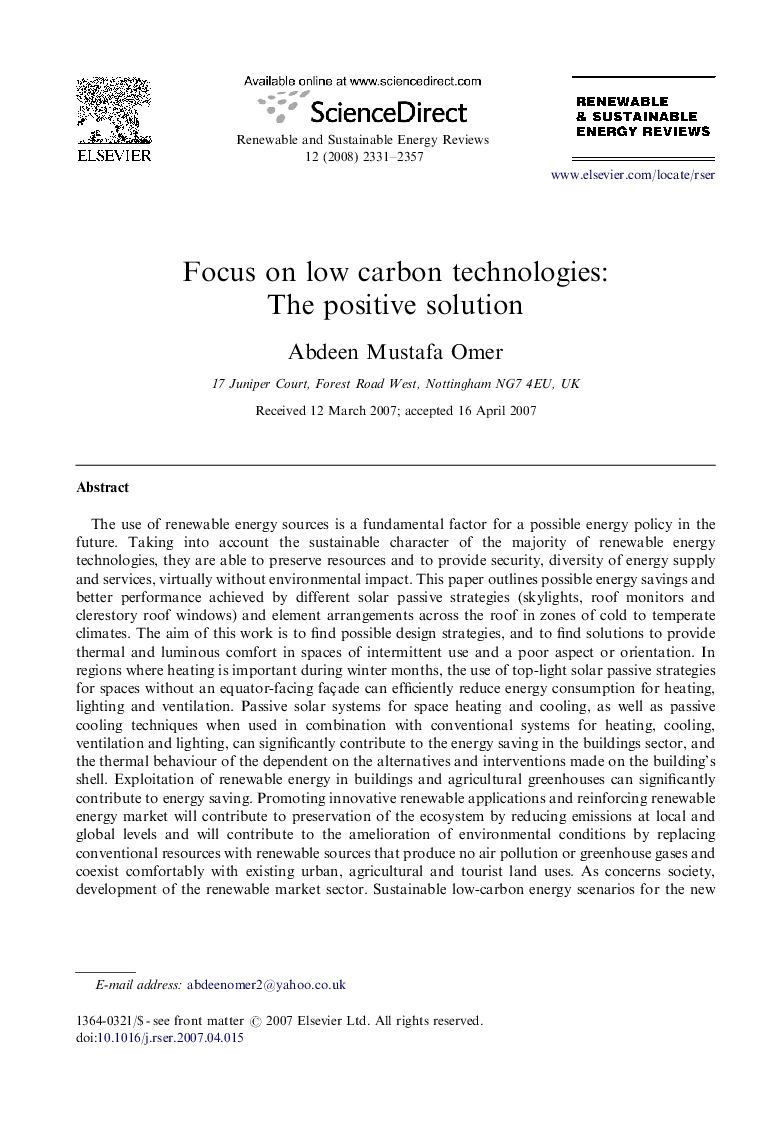 عکس صفحه اول مقاله: Focus on low carbon technologies: The positive solution Focus on low carbon technologies: The positive solution