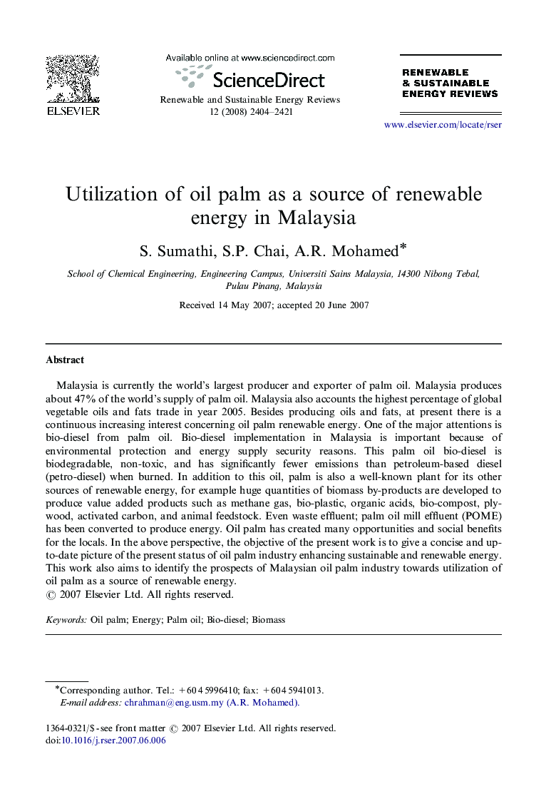 Utilization of oil palm as a source of renewable energy in Malaysia