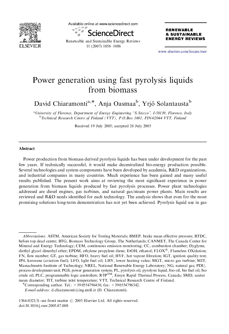 Power generation using fast pyrolysis liquids from biomass