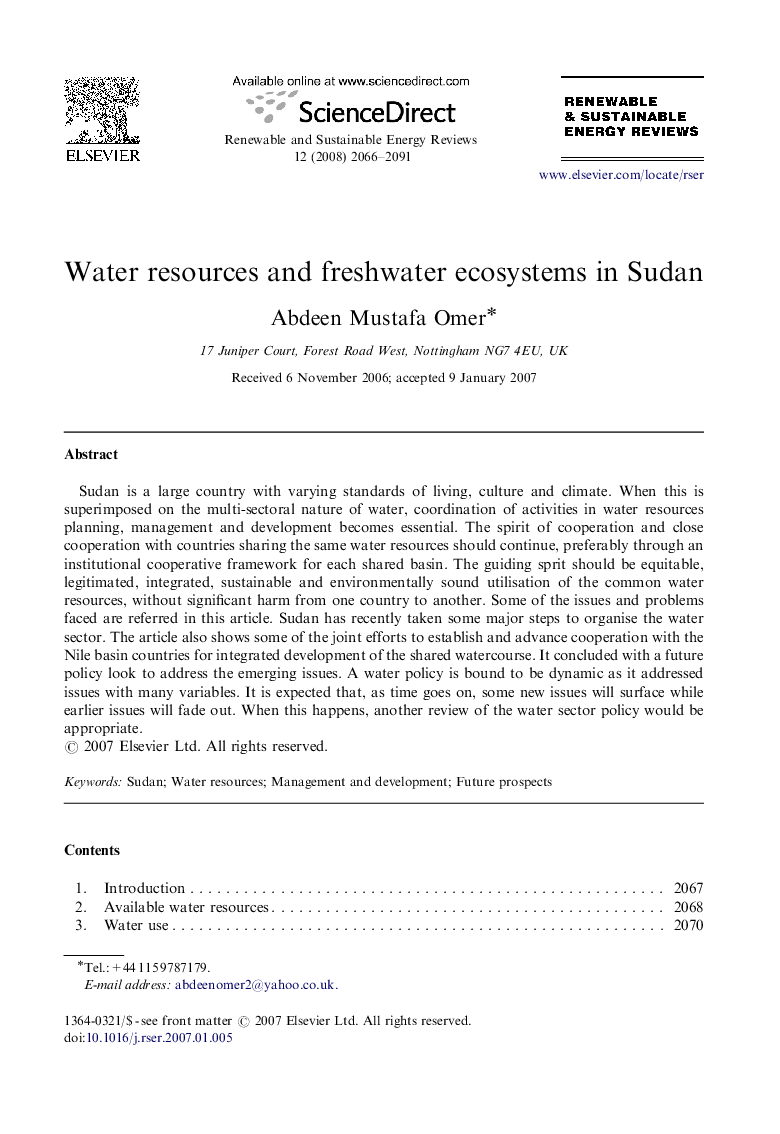 Water resources and freshwater ecosystems in Sudan