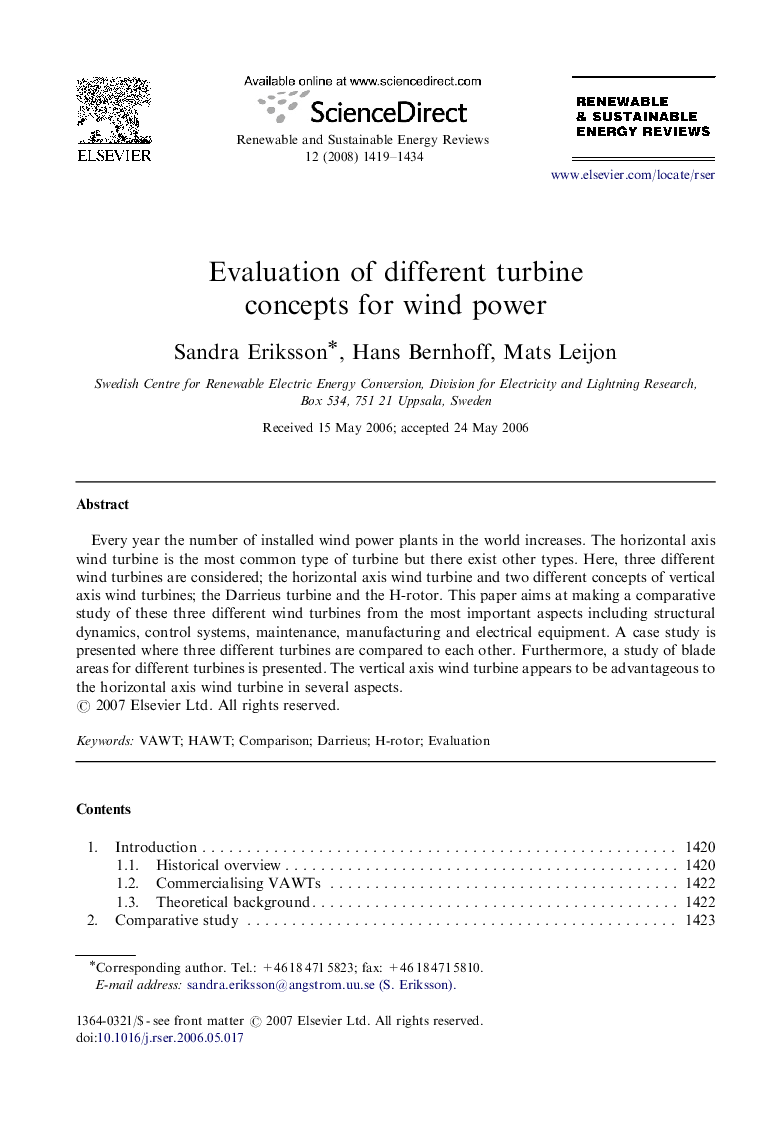 Evaluation of different turbine concepts for wind power