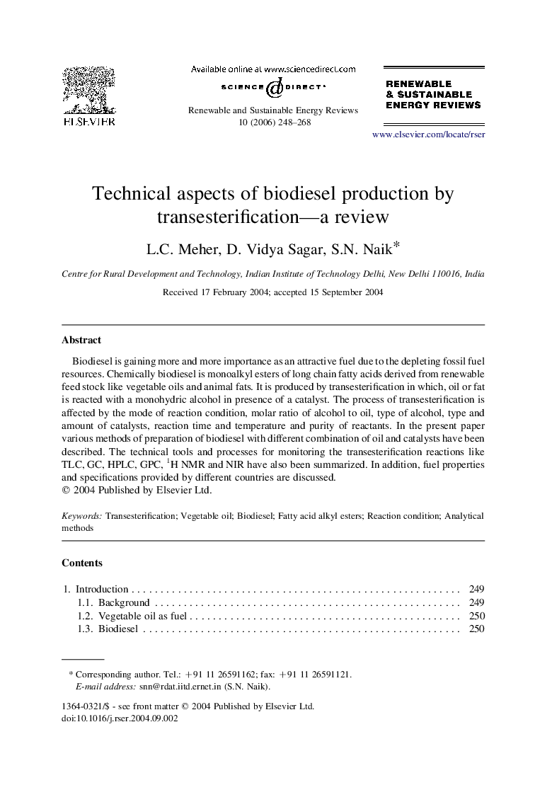 Technical aspects of biodiesel production by transesterification—a review