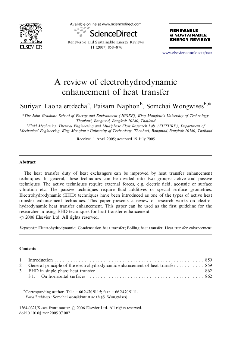 A review of electrohydrodynamic enhancement of heat transfer