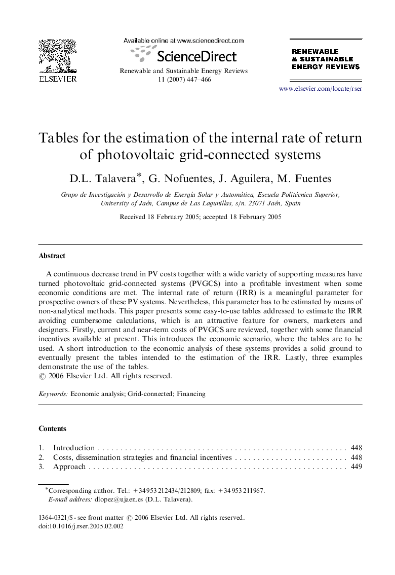 Tables for the estimation of the internal rate of return of photovoltaic grid-connected systems