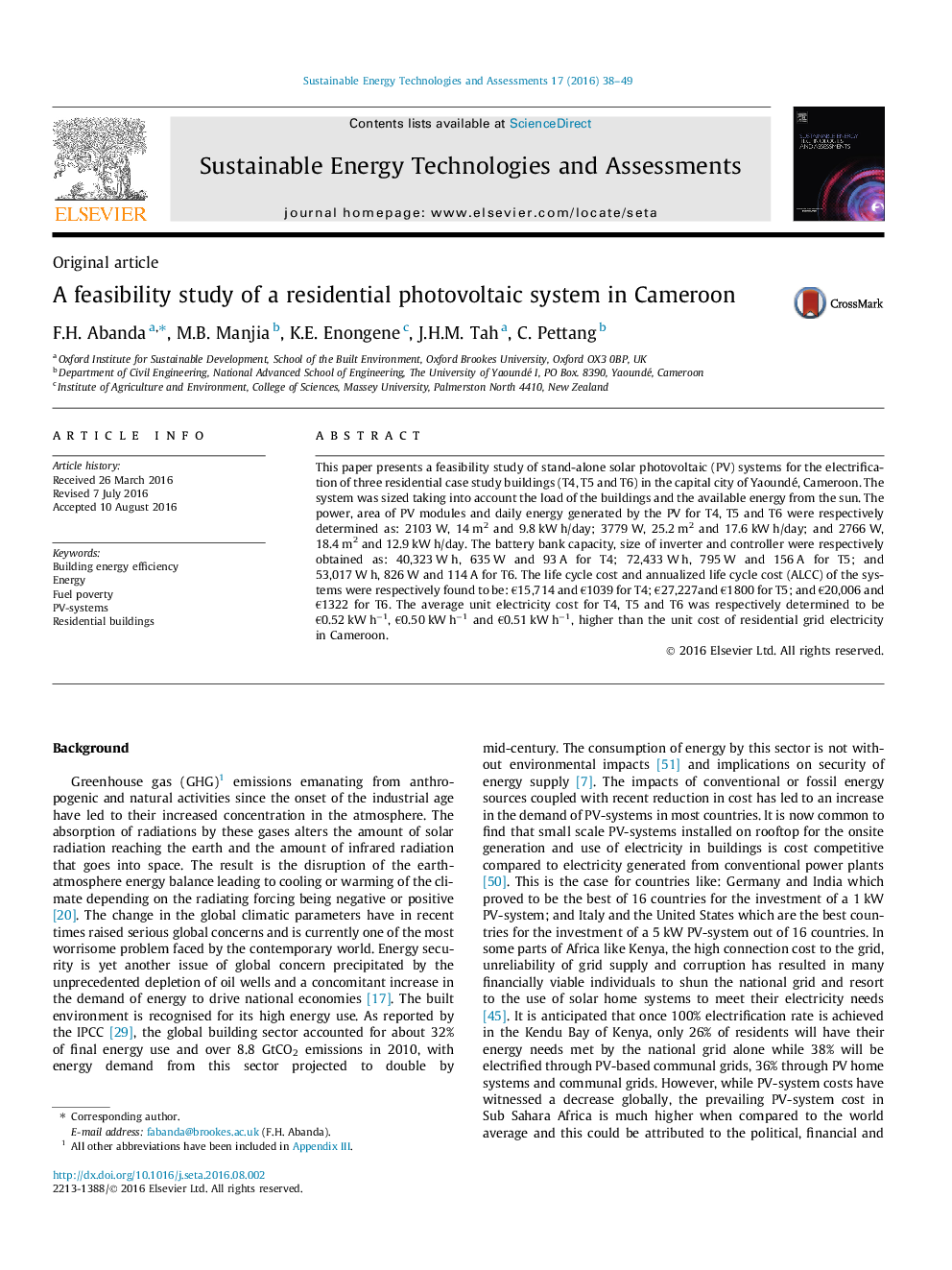 A feasibility study of a residential photovoltaic system in Cameroon