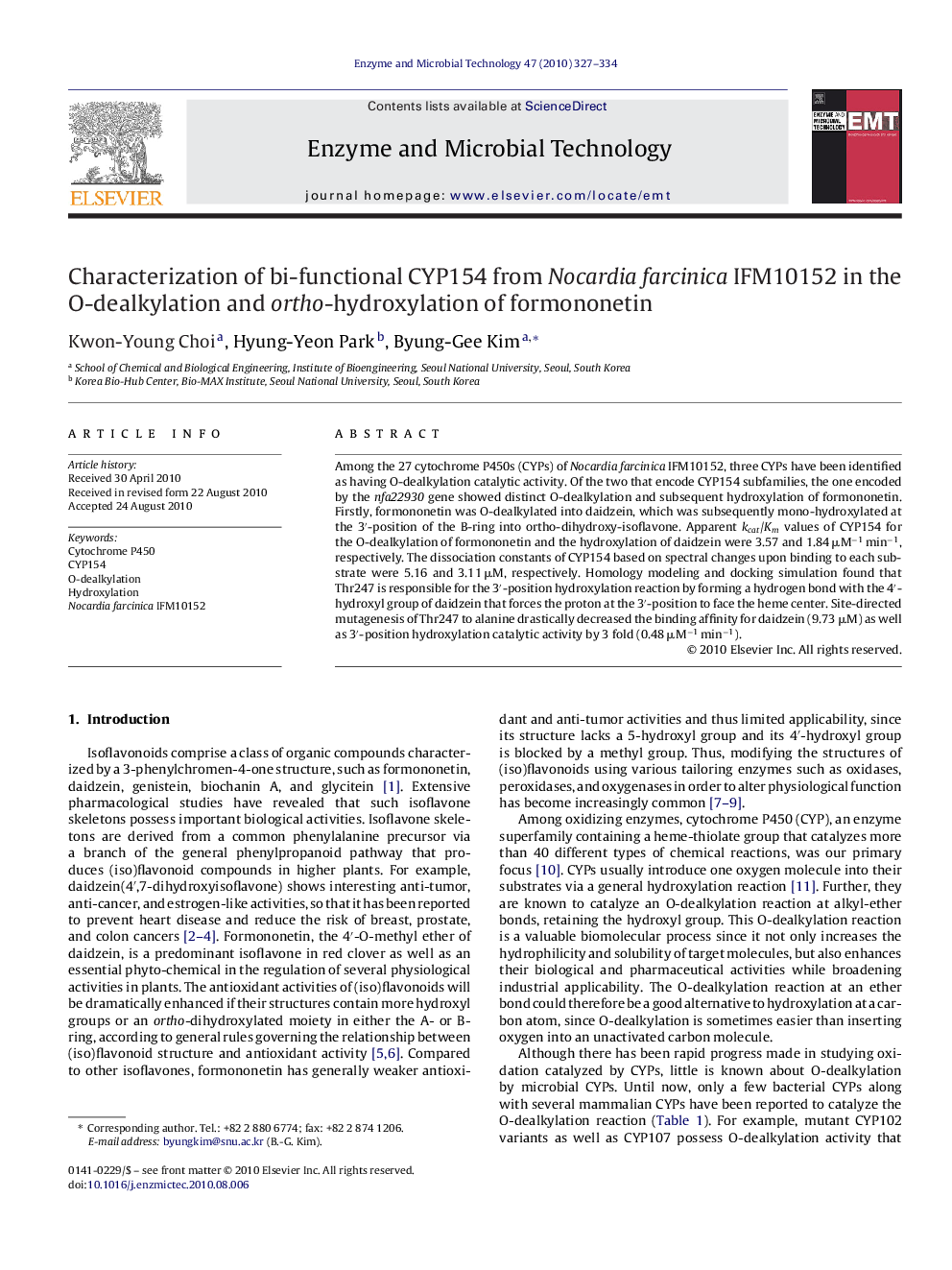 Characterization of bi-functional CYP154 from Nocardia farcinica IFM10152 in the O-dealkylation and ortho-hydroxylation of formononetin