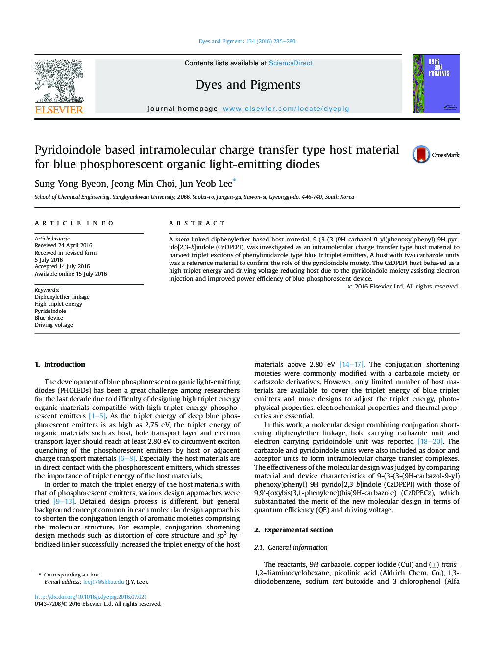 Pyridoindole based intramolecular charge transfer type host material for blue phosphorescent organic light-emitting diodes