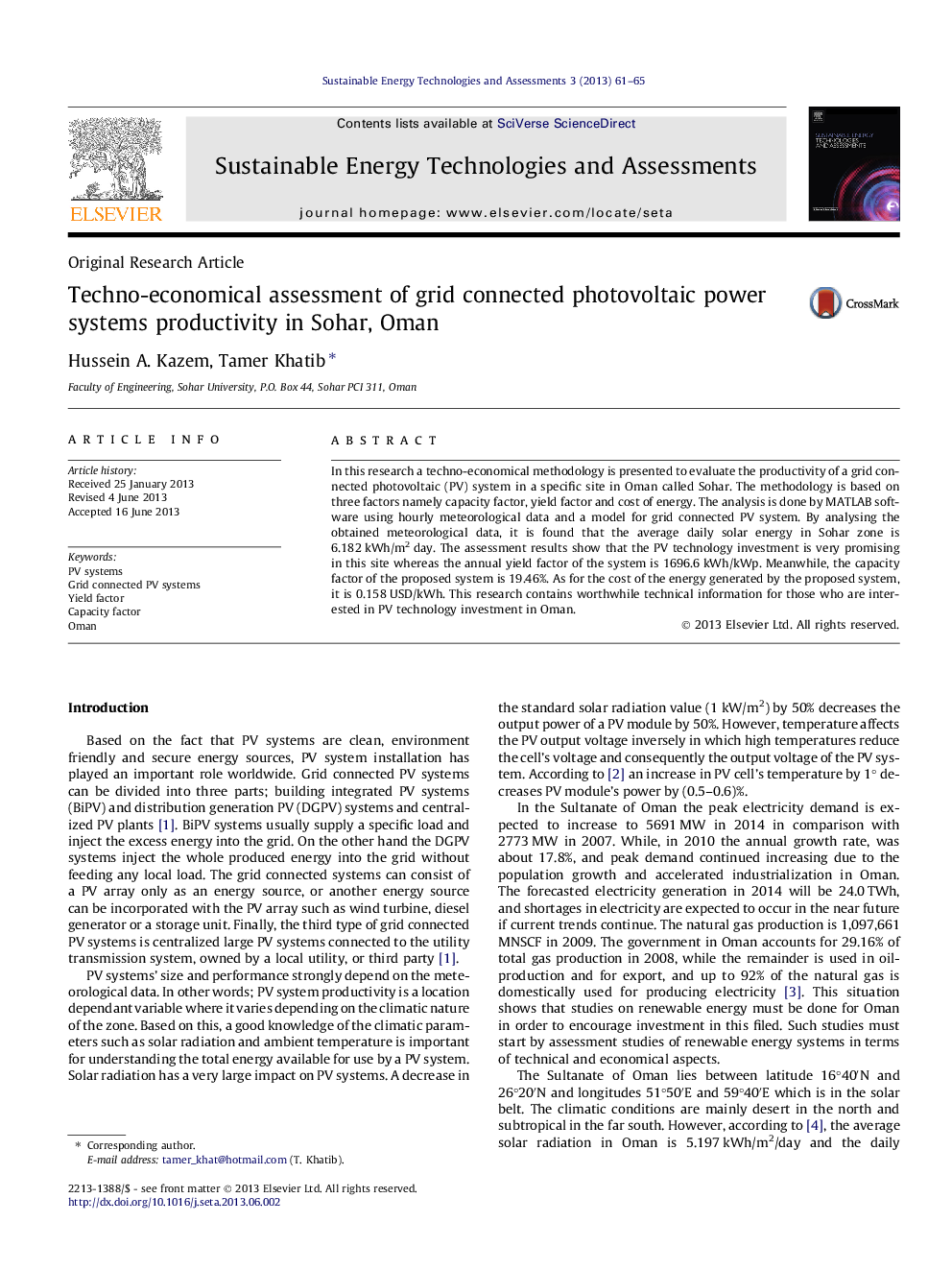 Techno-economical assessment of grid connected photovoltaic power systems productivity in Sohar, Oman