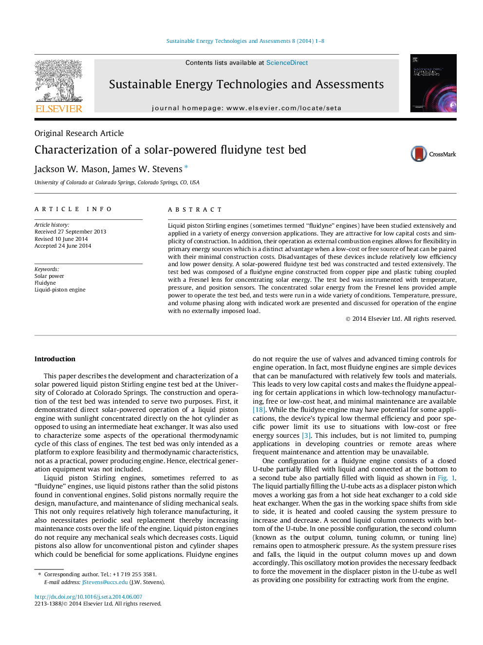 Characterization of a solar-powered fluidyne test bed