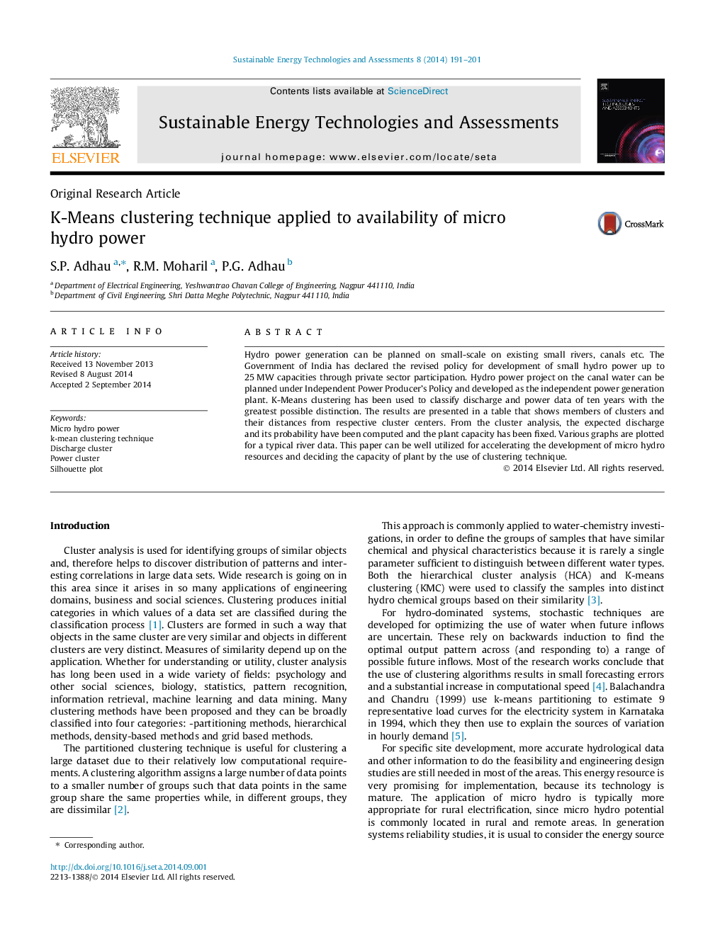 K-Means clustering technique applied to availability of micro hydro power