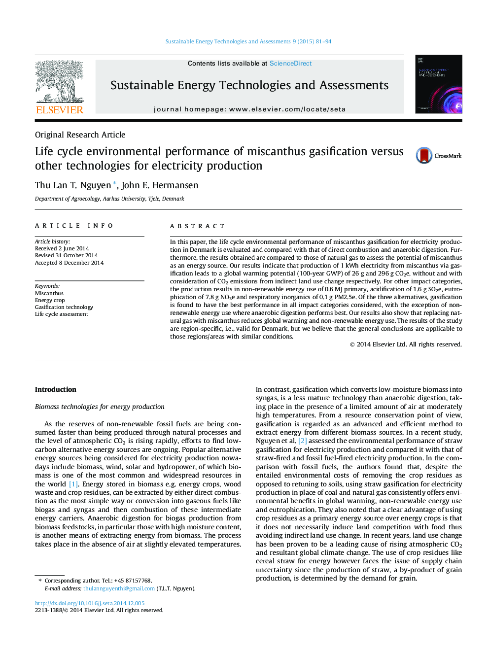 Life cycle environmental performance of miscanthus gasification versus other technologies for electricity production