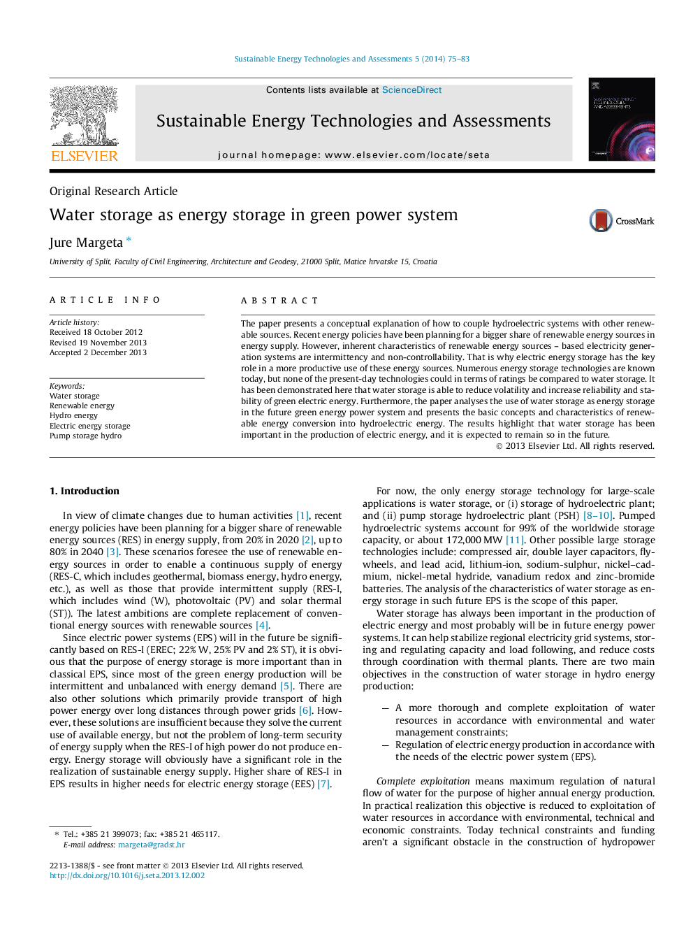 Water storage as energy storage in green power system