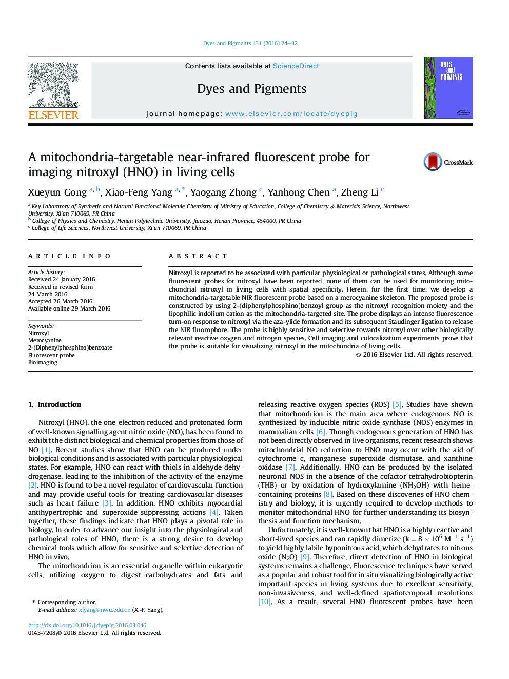 A mitochondria-targetable near-infrared fluorescent probe for imaging nitroxyl (HNO) in living cells