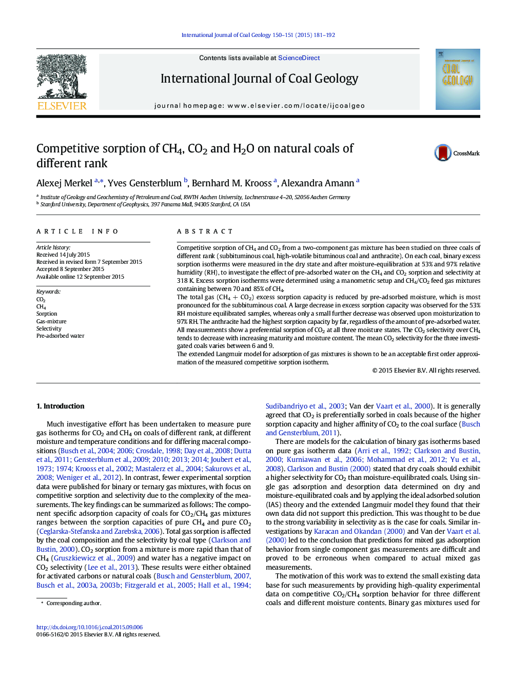 Competitive sorption of CH4, CO2 and H2O on natural coals of different rank