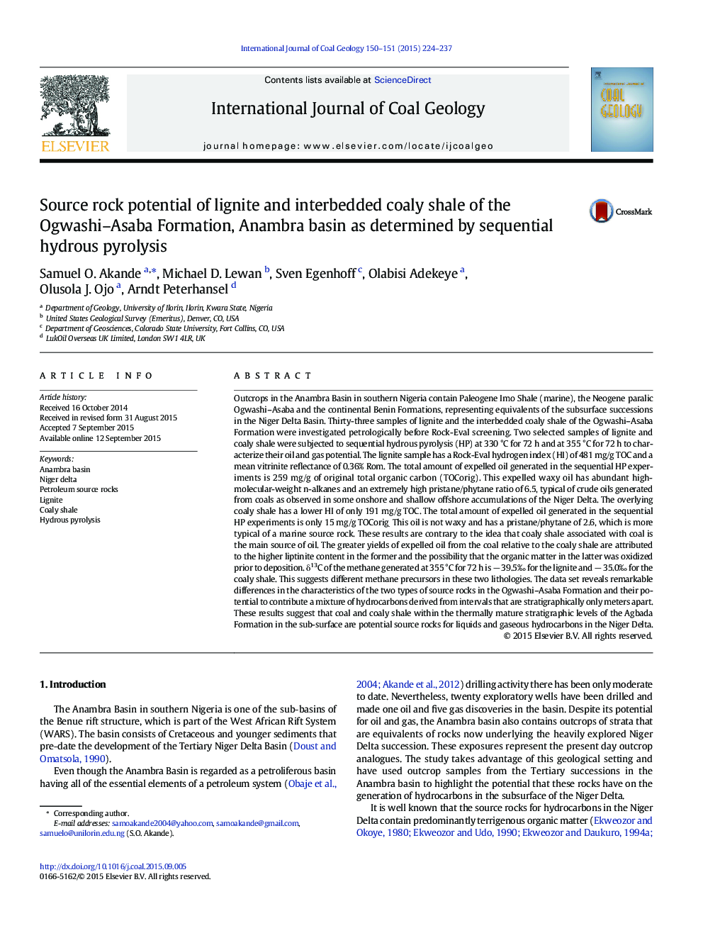 Source rock potential of lignite and interbedded coaly shale of the Ogwashi–Asaba Formation, Anambra basin as determined by sequential hydrous pyrolysis