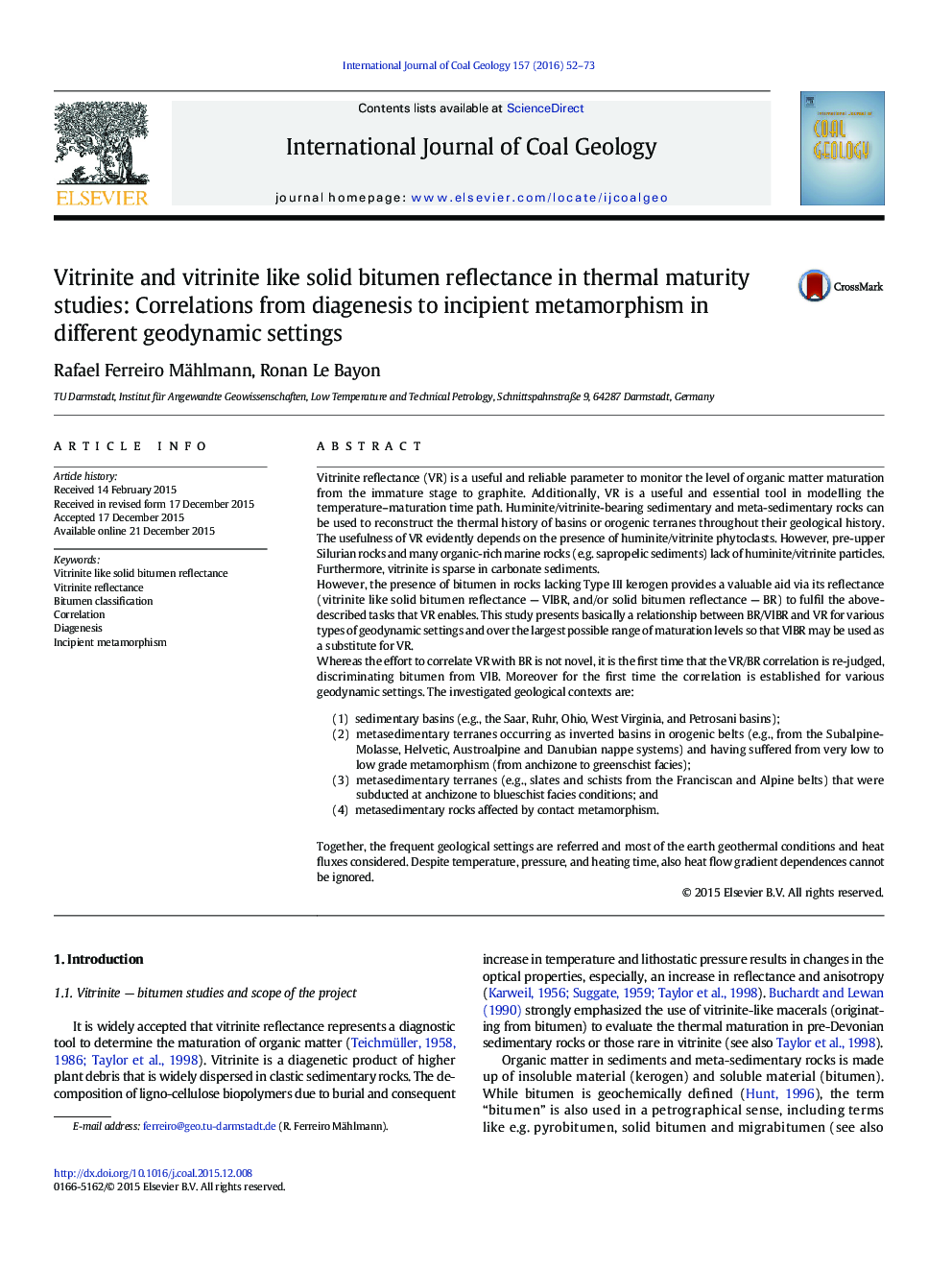 Vitrinite and vitrinite like solid bitumen reflectance in thermal maturity studies: Correlations from diagenesis to incipient metamorphism in different geodynamic settings