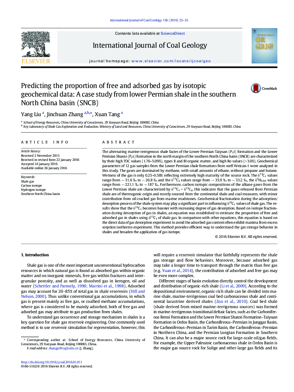 پیش بینی نسبت گاز آزاد و جذب با استفاده از داده های ژئوشیمیایی و ایزوتوپی: مطالعه موردی از شیل پرمین کمتر در حوضه شمال چین جنوبی (SNCB)