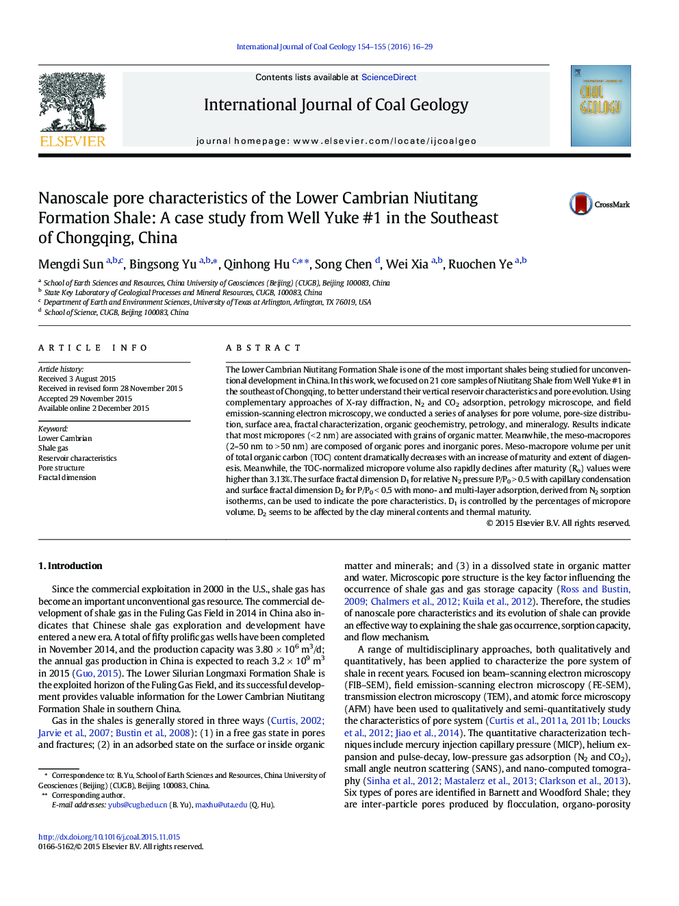 ویژگی منافذ نانو از پایین کامبرین Niutitang سازند شیل: مطالعه موردی از Well Yuke # 1 در جنوب شرقی از چونگ کینگ، چین