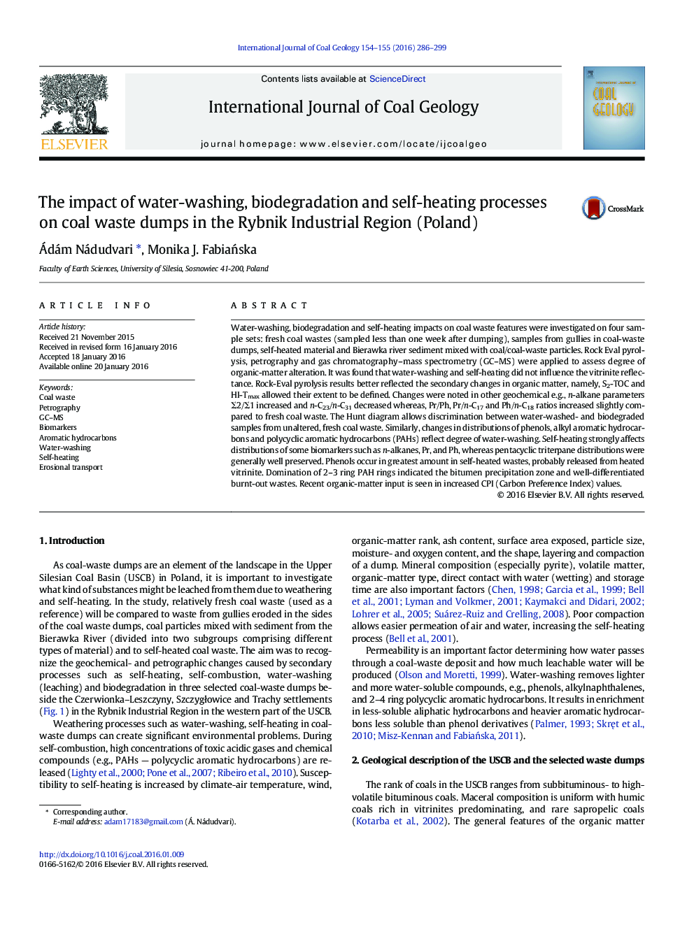 The impact of water-washing, biodegradation and self-heating processes on coal waste dumps in the Rybnik Industrial Region (Poland)