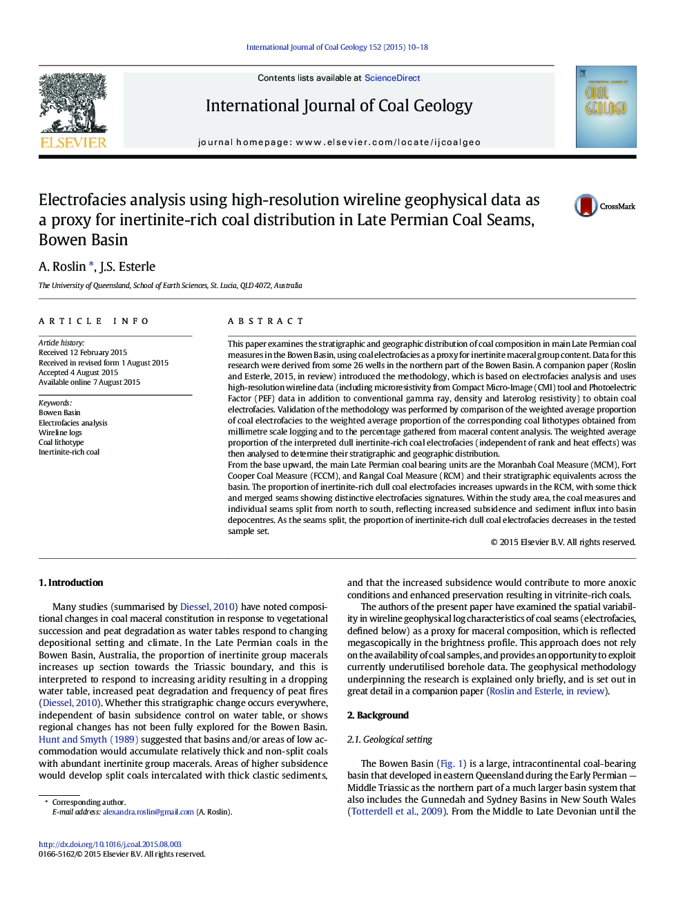 Electrofacies analysis using high-resolution wireline geophysical data as a proxy for inertinite-rich coal distribution in Late Permian Coal Seams, Bowen Basin