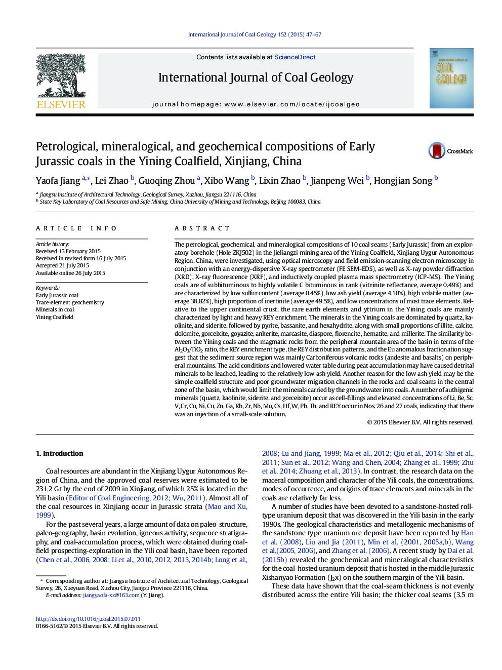 Petrological, mineralogical, and geochemical compositions of Early Jurassic coals in the Yining Coalfield, Xinjiang, China